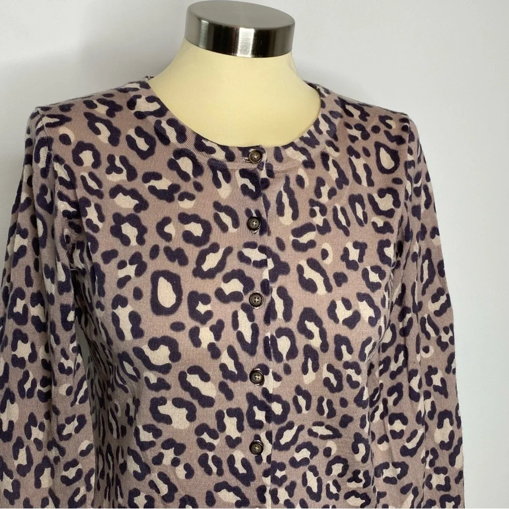 Boden Leopard Wool Button Front Crew Neck Cardigan Sweater
